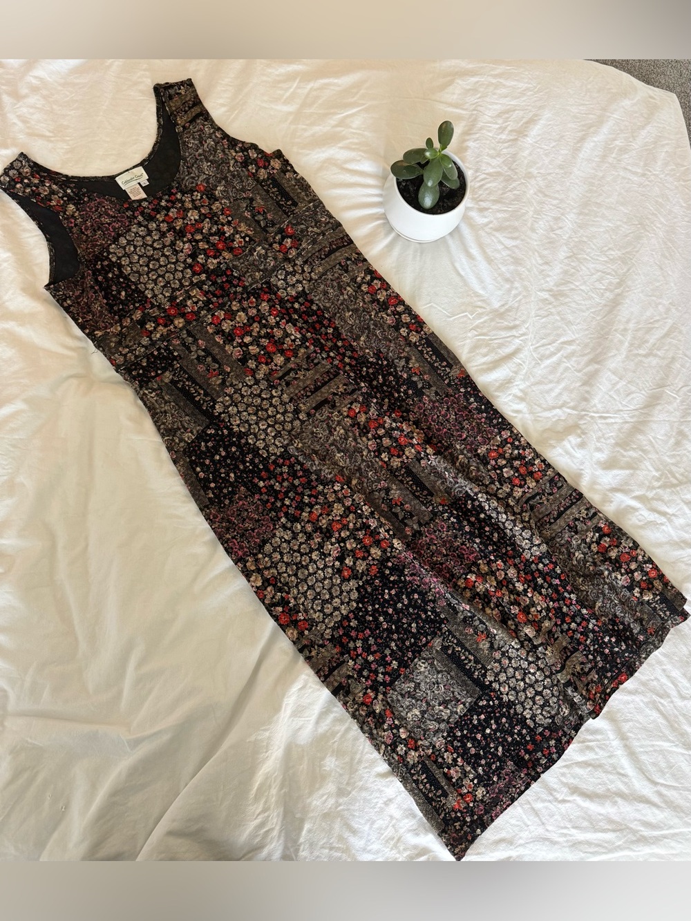 Coldwater Creek Black Patchwork Floral Midi Dress with Red and Cream Accents